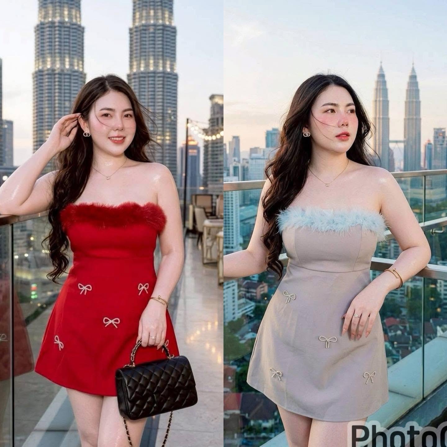 เดรสเกาะอกแต่งโบว์สีแดงและสีเทา
